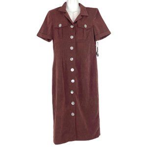 NWT Halmode Petites 10P Midi Shift Dress Brown Button Front Short Sleeve Collar